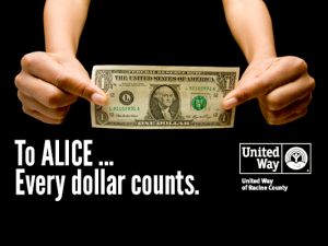 Hands holding a dollar bill and words that say "to ALICE, every dollar counts."