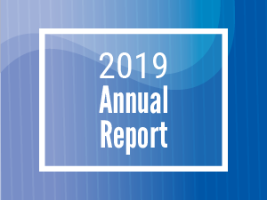 IMAGE DESCRIPTION. A blue gradient box with white lines floating shapes in different shades of blue. In front, a white frame surrounds text that reads "2019 annual report." END IMAGE DESCRIPTION. 