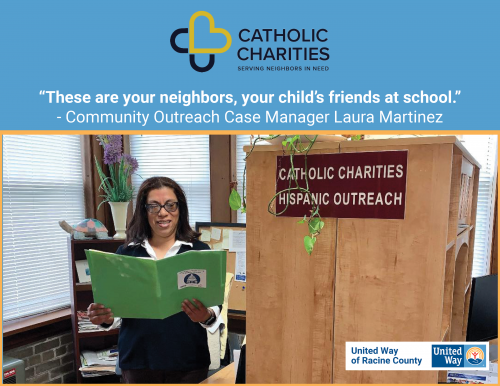 [ID: Graphic with the Catholic Charities logo showing a woman, Community Outreach Case Manager Laura Martinez from Catholic Charities, reading out of a folder with a podium from Catholic Charities next to her. A quote from Laura Martinez says, “These are your neighbors, your child's friends at school.”]
