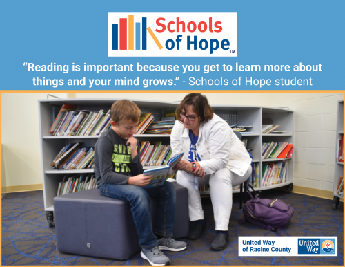 [ID: Graphic with the Schools of Hope logo showing a reading tutor working with a student. A quote from the student says, “Reading is important because you get to learn more about things and your mind grows.” /ID]