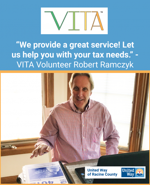 [ID: Graphic with the VITA logo showing a man working on taxes. A quote from Robert Ramczyk says, “We provide a great service! Let us help you with your tax needs.”]