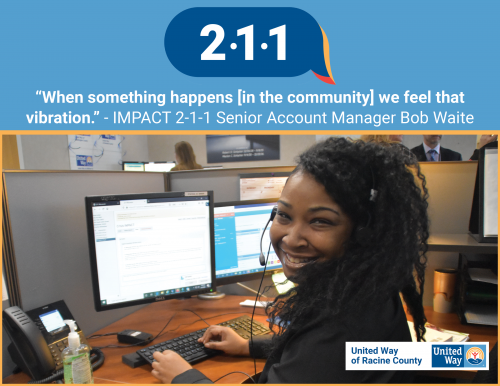 [ID: Graphic with the 2-1-1 logo showing an employee at a desk. A quote from Bob Waite says, “When something happens [in the community] we feel that vibration.”]