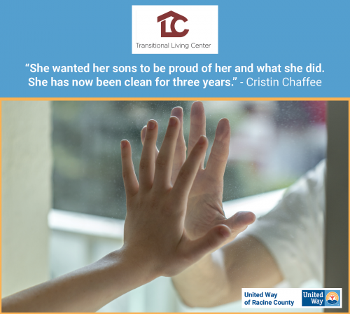 [ID: A photo of two hands pressed together on opposite sides of a window. A quote from Cristin Chaffee says, “She wanted her sons to be proud of her and what she did. She has now been clean for three years.” /ID]