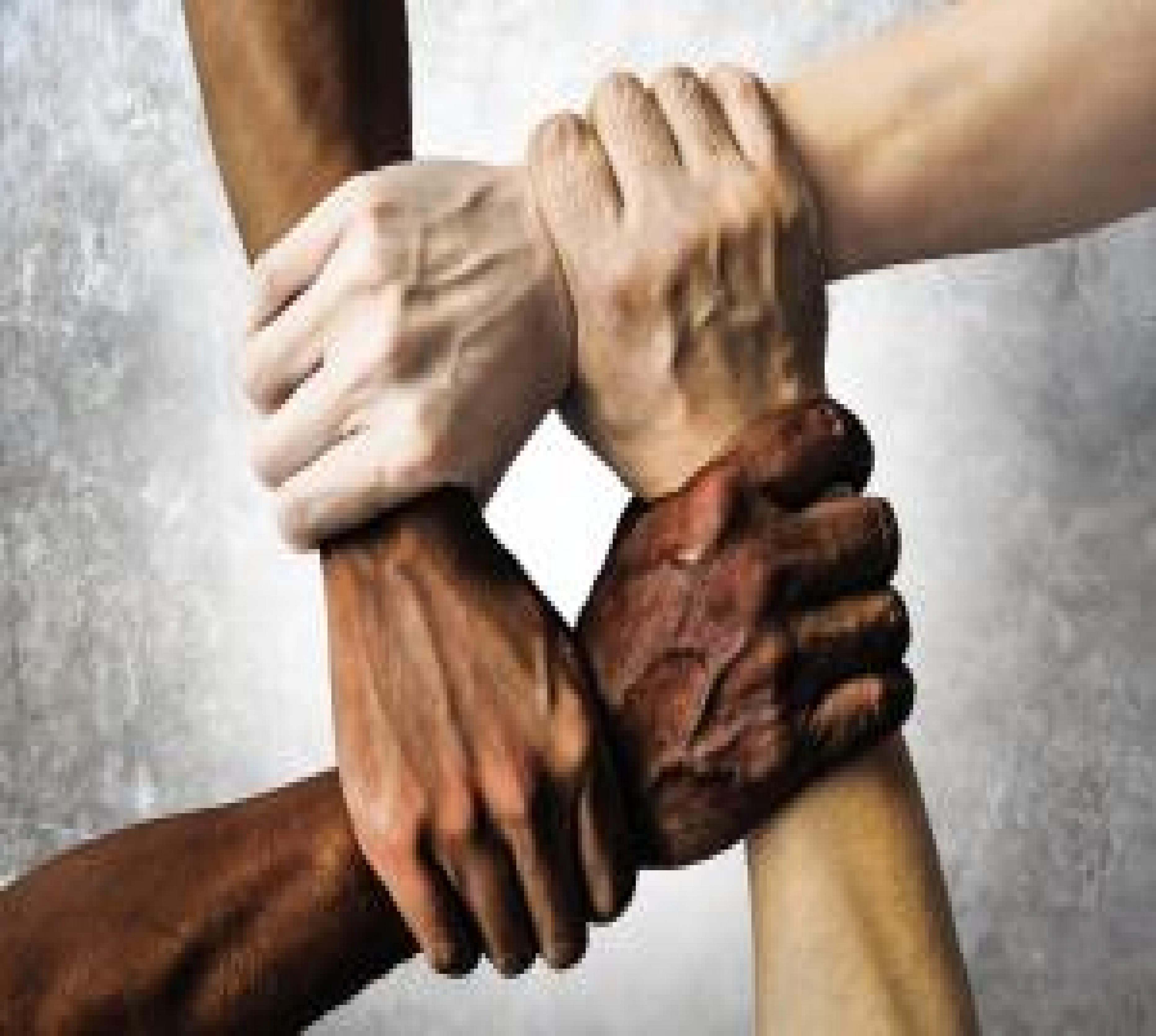 Multi-racial hands locked together to show strength and support