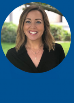 Photo of Ali Haigh, United Way president and CEO, in a circle frame on a blue background.