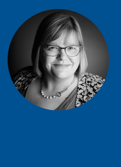 Photo of Heather Collier in a circle frame on a blue background.