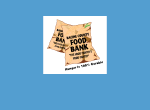 The Racine County Food Bank logo on a light blue background, with the tagline, "Hunger is 100% curable."