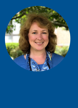 Photo of MaryBeth Kallio, a white woman with a wavy, brown bob to her shoulders. The photo is on a blue background.