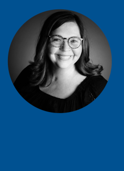 Photo of Tina LaVergne in a circle frame on blue background.