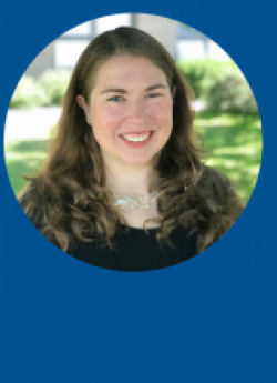 Photo of Jessica Safransky Schacht in a circle frame on a blue background