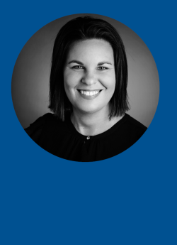 Photo of Stephanie Buchaan in cirlce on blue background.